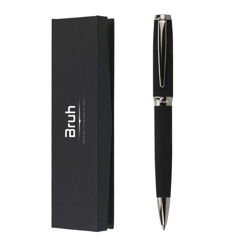 Lapicera Metálica BRUH *HAMBURGO NEGRA c/ Estuche Rigido + Bolsa para Regalo* de Giro PREMIUM (Tinta Azul)