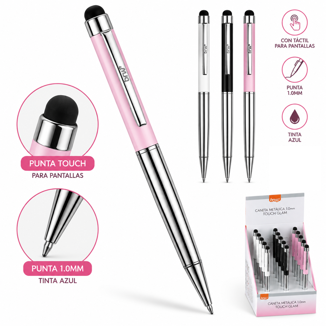 Lapiceras C/ Tactil * TOUCH GLAM ROSA * Para Celular + Boligrafo tinta Azul (Linea PREMIUM) BRW