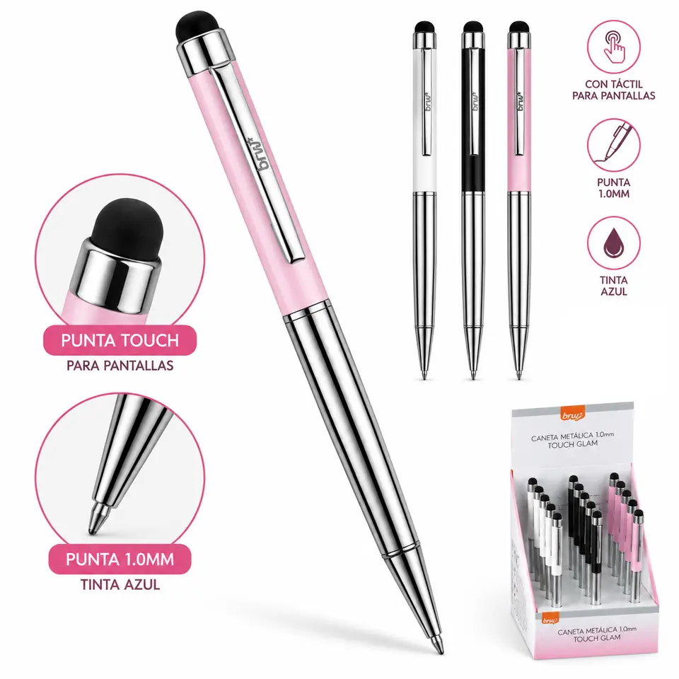 Lapiceras C/ Tactil * TOUCH GLAM ROSA * Para Celular + Boligrafo tinta Azul (Linea PREMIUM) BRW