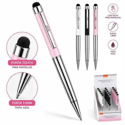 Lapiceras C/ Tactil * TOUCH GLAM ROSA * Para Celular + Boligrafo tinta Azul (Linea PREMIUM) BRW