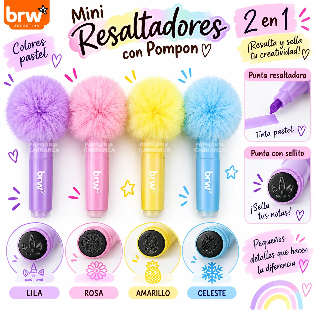 Mini Resaltador + Sellito BRW ** Pompón ** Pastel x unidad