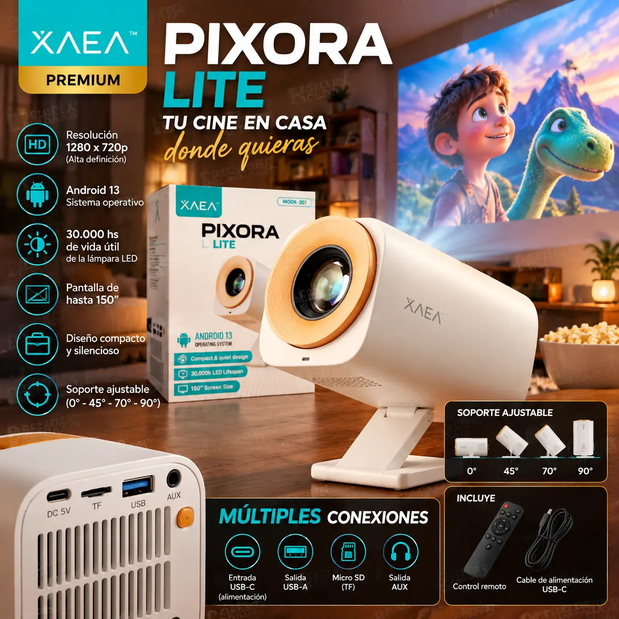 Proyector Led * XAEA PIXORA LITE * Smart Android 13 Ultra Hd hasta 150"