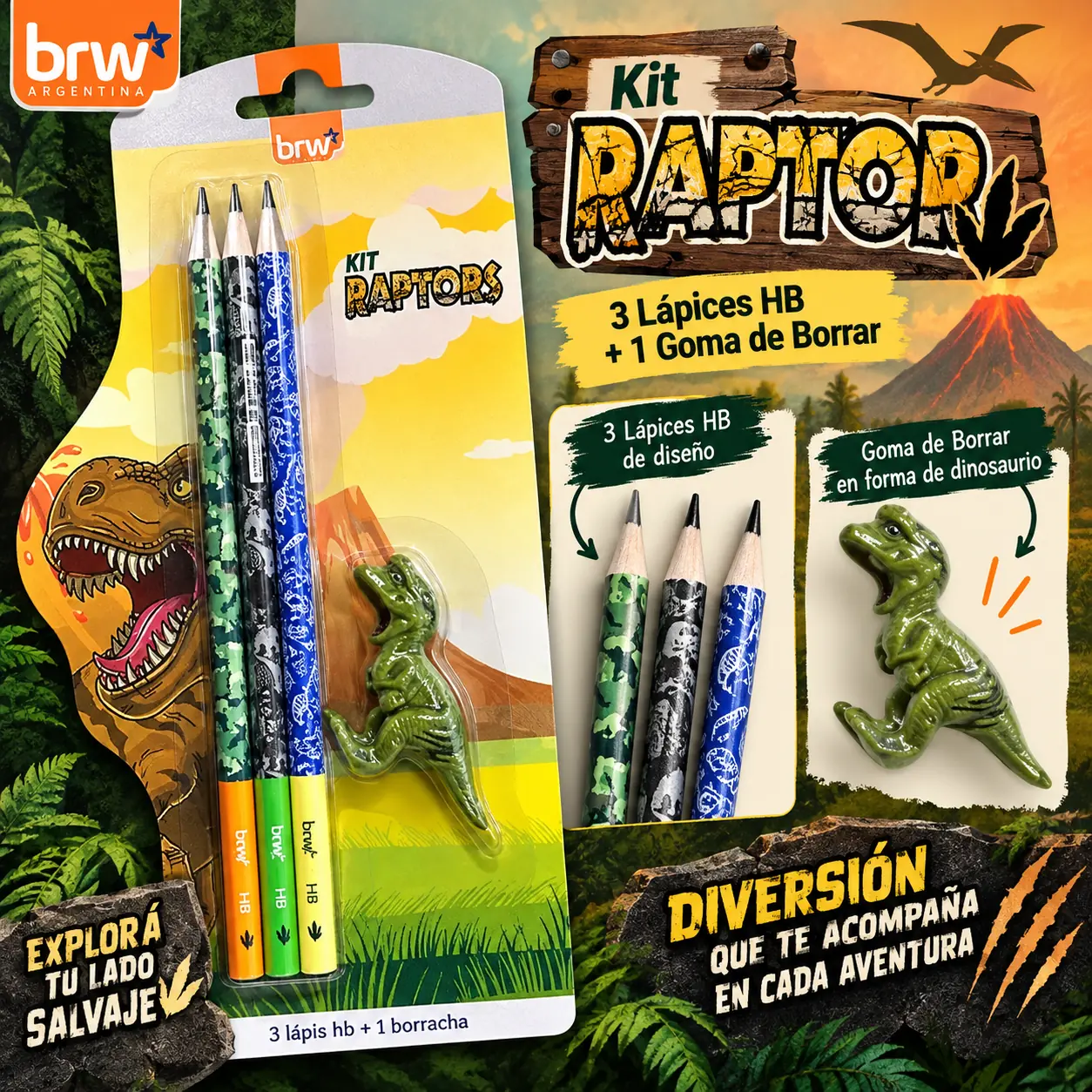 SET DE UTILES - DINOSAURIOS - 3 LAPIZ + BORRADOR BRW