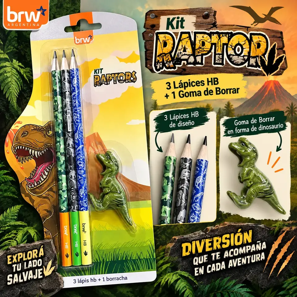 SET DE UTILES - DINOSAURIOS - 3 LAPIZ + BORRADOR BRW