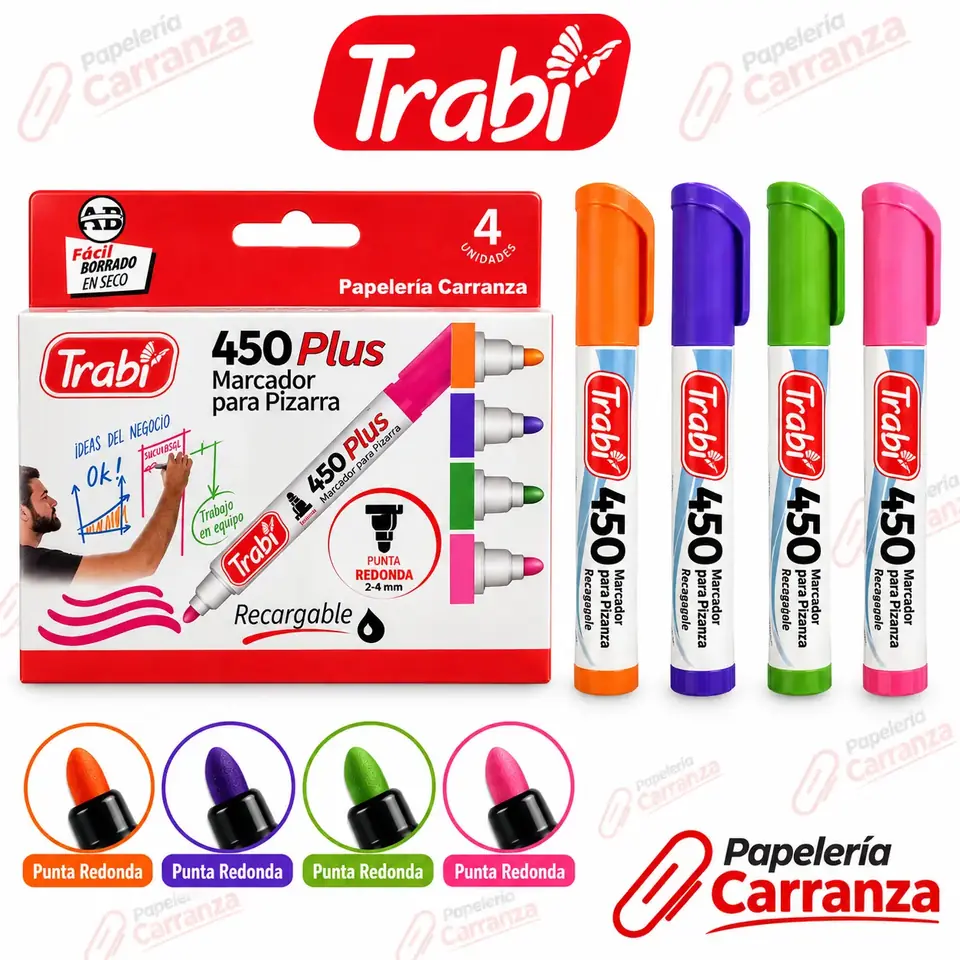 Marcador para Pizarra x 4 colores ** FASHION  PUNTA REDONDA **  Trabi 450 (Colores Vivos) Recargable Punta Redonda