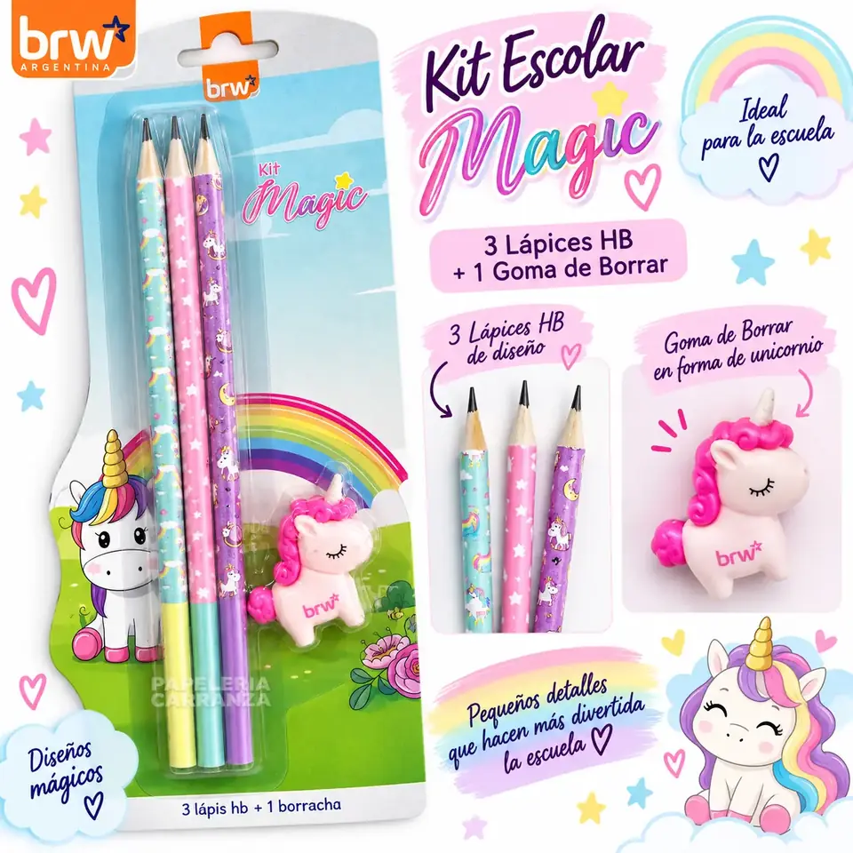 SET DE UTILES - UNICORNIOS - 3 LAPIZ + BORRADOR BRW