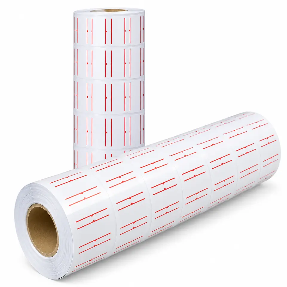 Rollo - BLANCO c/ Rojo ROLLO COMPLETO (x 10 UNIDADES) - EZCO / MOTEX para Maquina Etiquetadora de Precios **Extra Grande**
