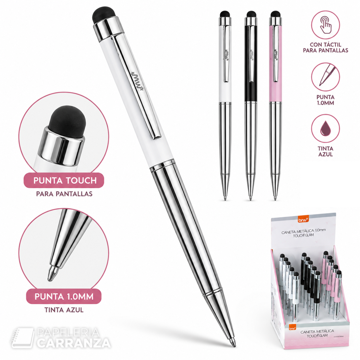 Lapiceras C/ Tactil * TOUCH GLAM BLANCA * Para Celular + Boligrafo tinta Azul (Linea PREMIUM) BRW