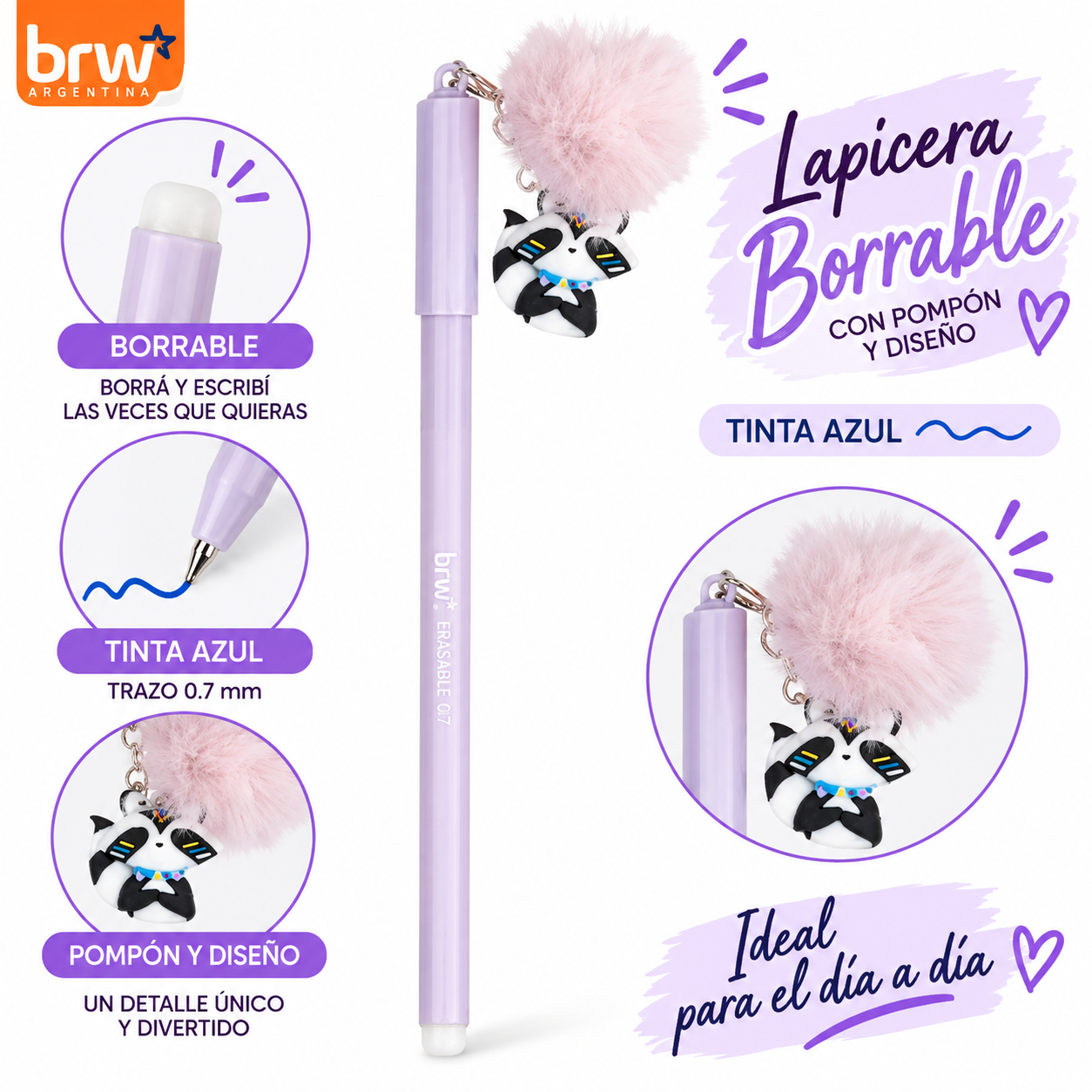 Lapicera BORRABLE Retráctil Mapache (Pompón Lila) Animalitos (Tinta Azul)