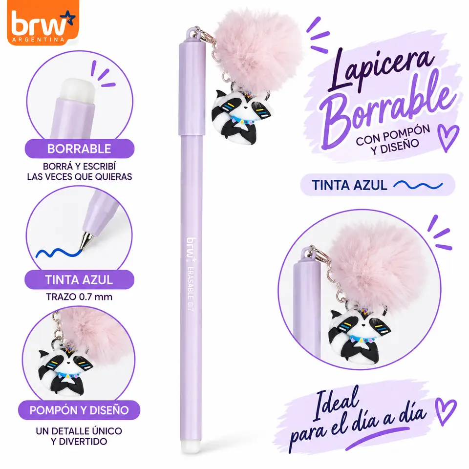 Lapicera BORRABLE Retráctil Mapache (Pompón Lila) Animalitos (Tinta Azul)