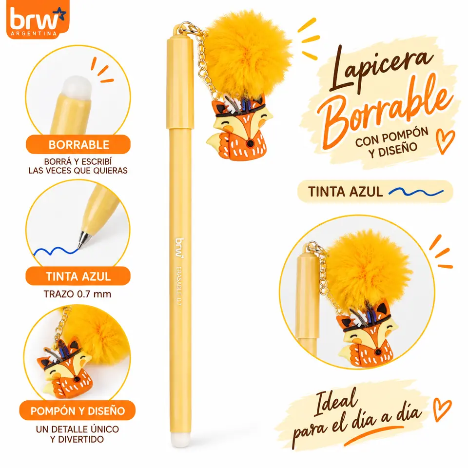 Lapicera BORRABLE Retráctil Zorrito (Pompón Maiz) Animalitos (Tinta Azul)
