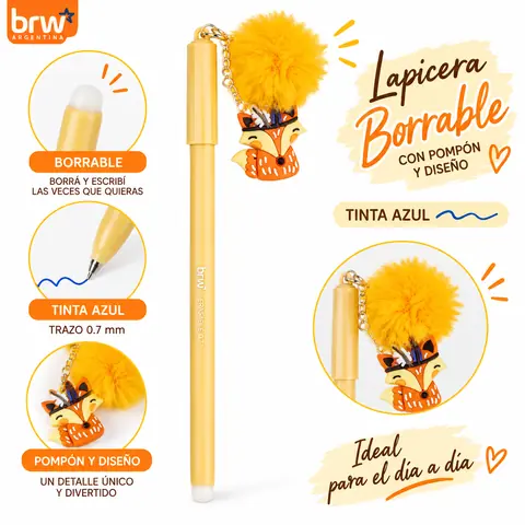 Lapicera BORRABLE Retráctil Zorrito (Pompón Maiz) Animalitos (Tinta Azul)