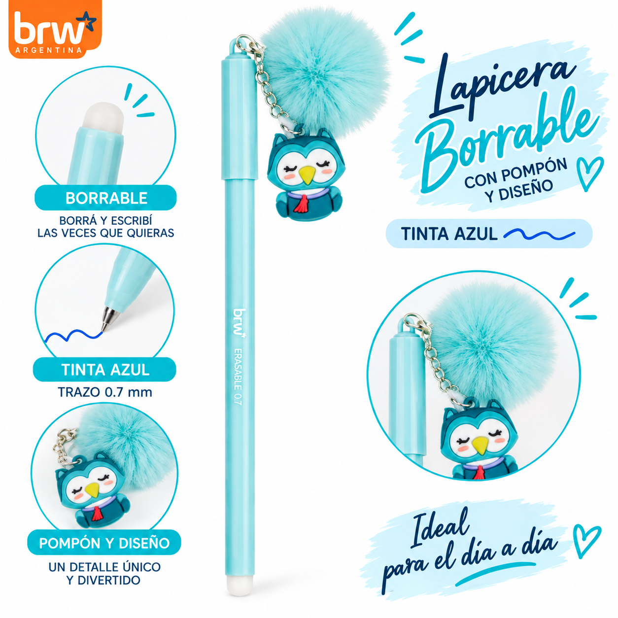 Lapicera BORRABLE Retráctil Lechuza (Pompón Turquesa) Animalitos (Tinta Azul)