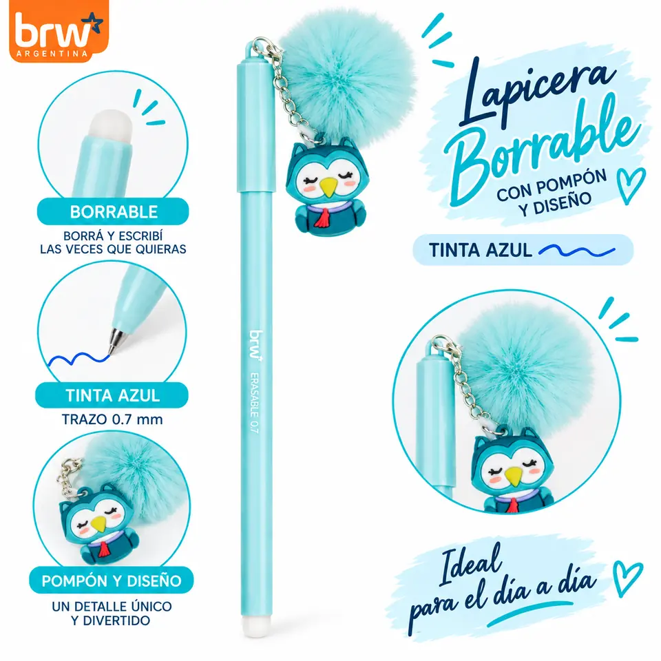 Lapicera BORRABLE Retráctil Lechuza (Pompón Turquesa) Animalitos (Tinta Azul)