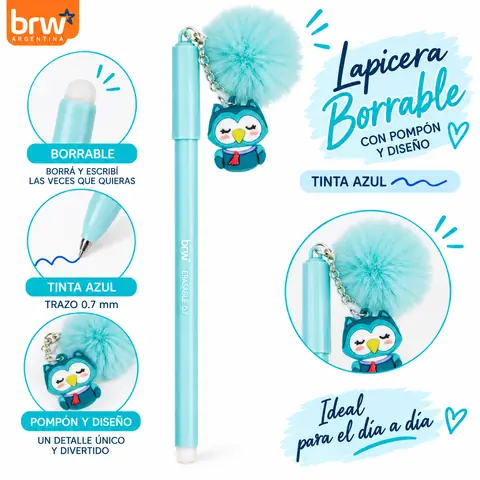 Lapicera BORRABLE Retráctil Lechuza (Pompón Turquesa) Animalitos (Tinta Azul)