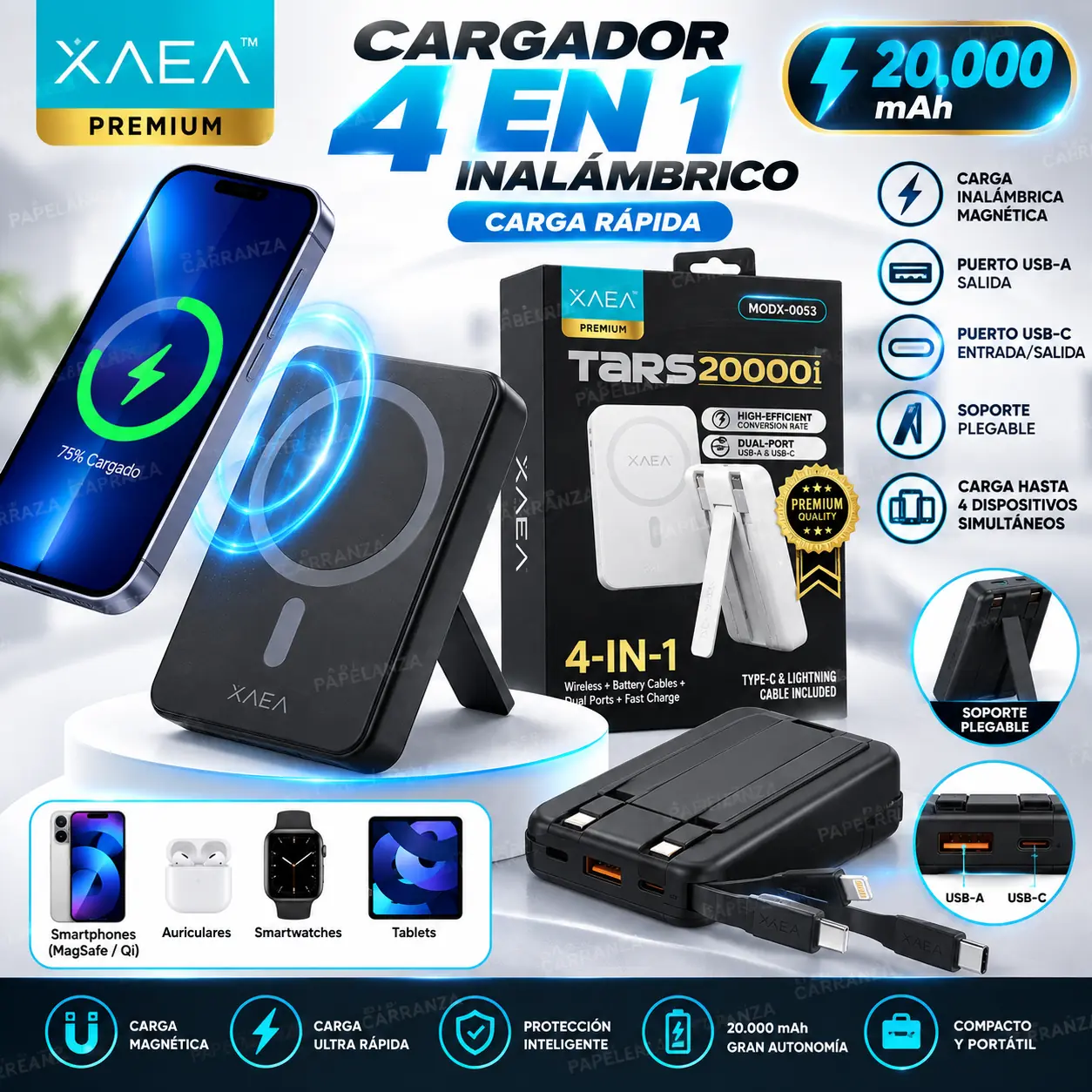 Cargador Portátil Inalámbrico * XAEA TARS 4 EN 1 * Magnético 20.000 Mah (Incluye Aro magnético c/ adhesivo) Power Bank