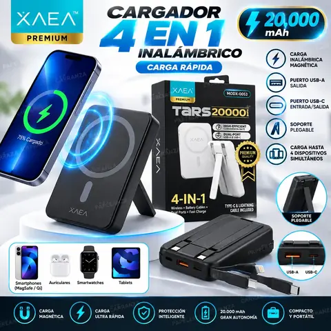 Cargador Portátil Inalámbrico * XAEA TARS 4 EN 1 * Magnético 20.000 Mah (Incluye Aro magnético c/ adhesivo) Power Bank