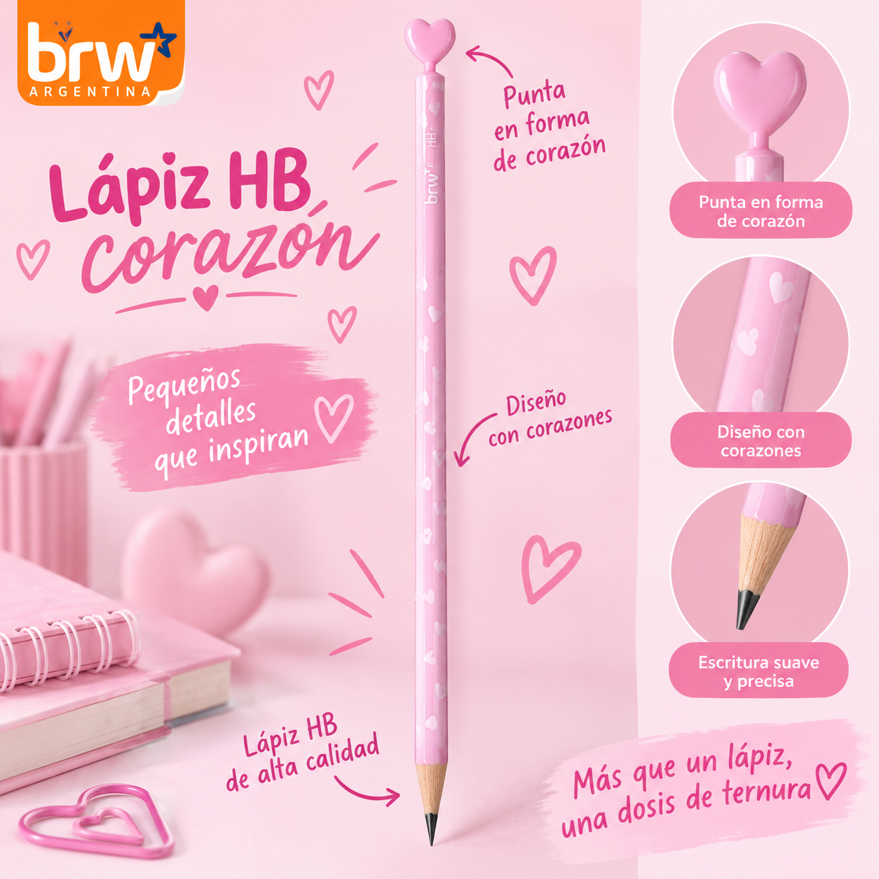 Lapiz Negro - Corazón Rosa - Grafito x unidad BRW