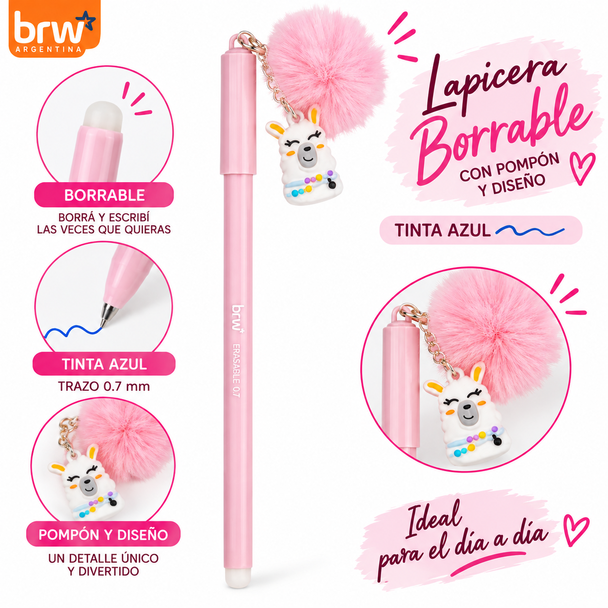 Lapicera BORRABLE Retráctil Llamita (Pompón Rosa) Animalitos (Tinta Azul)