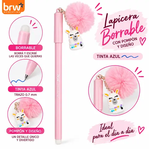 Lapicera BORRABLE Retráctil Llamita (Pompón Rosa) Animalitos (Tinta Azul)
