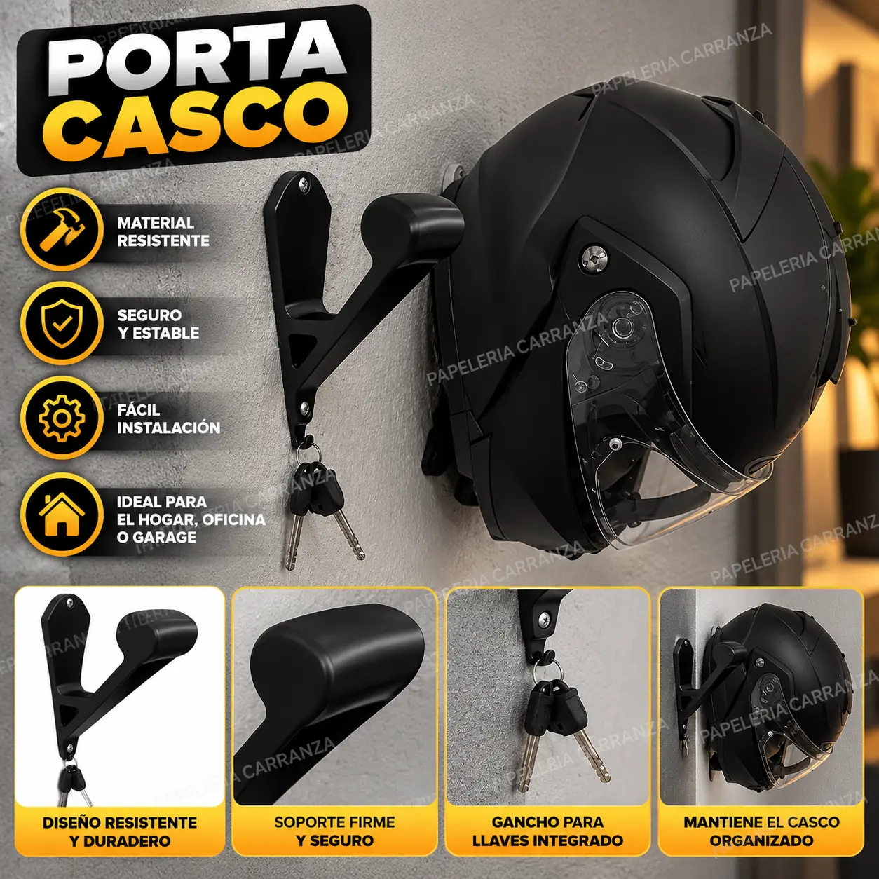 Soporte para Casco + Porta Llaves (Para Amurar en la pared) Negro