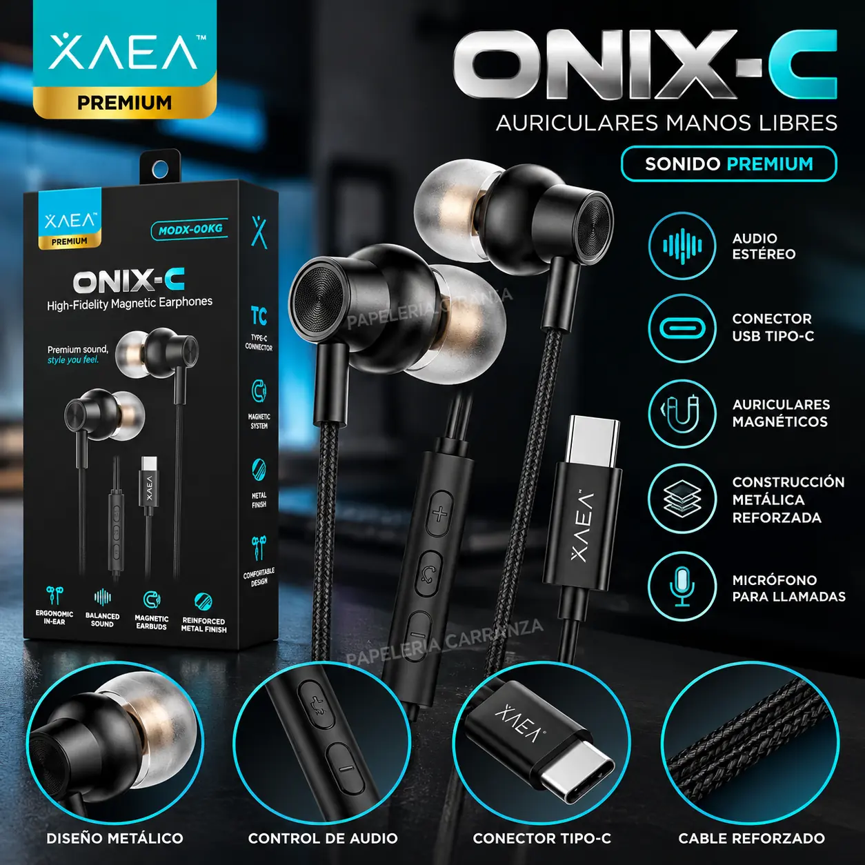 Auriculares Metálicos ** XAEA ONIX TIPO C Negro** c/ Micrófono (Trenzado) - EXCELENTE Calidad de sonido -