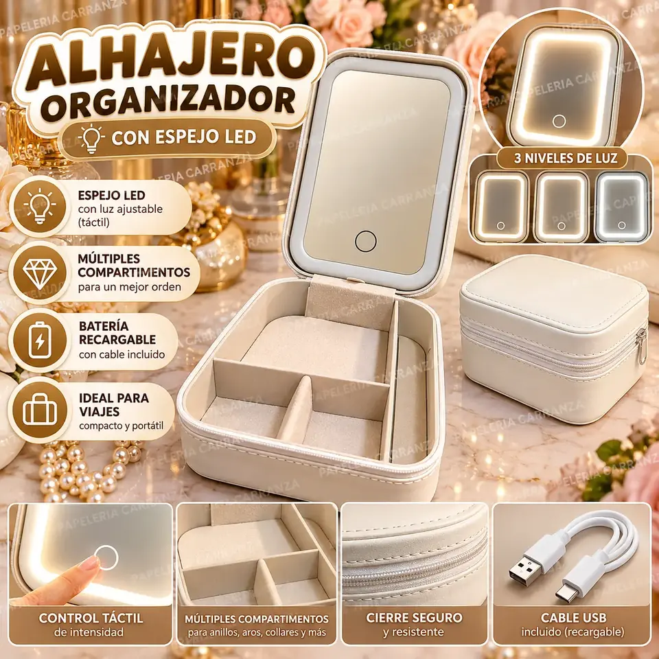 ALHAJERO - Beige- Con Espejo Led Recargable Joyero Con Cierre