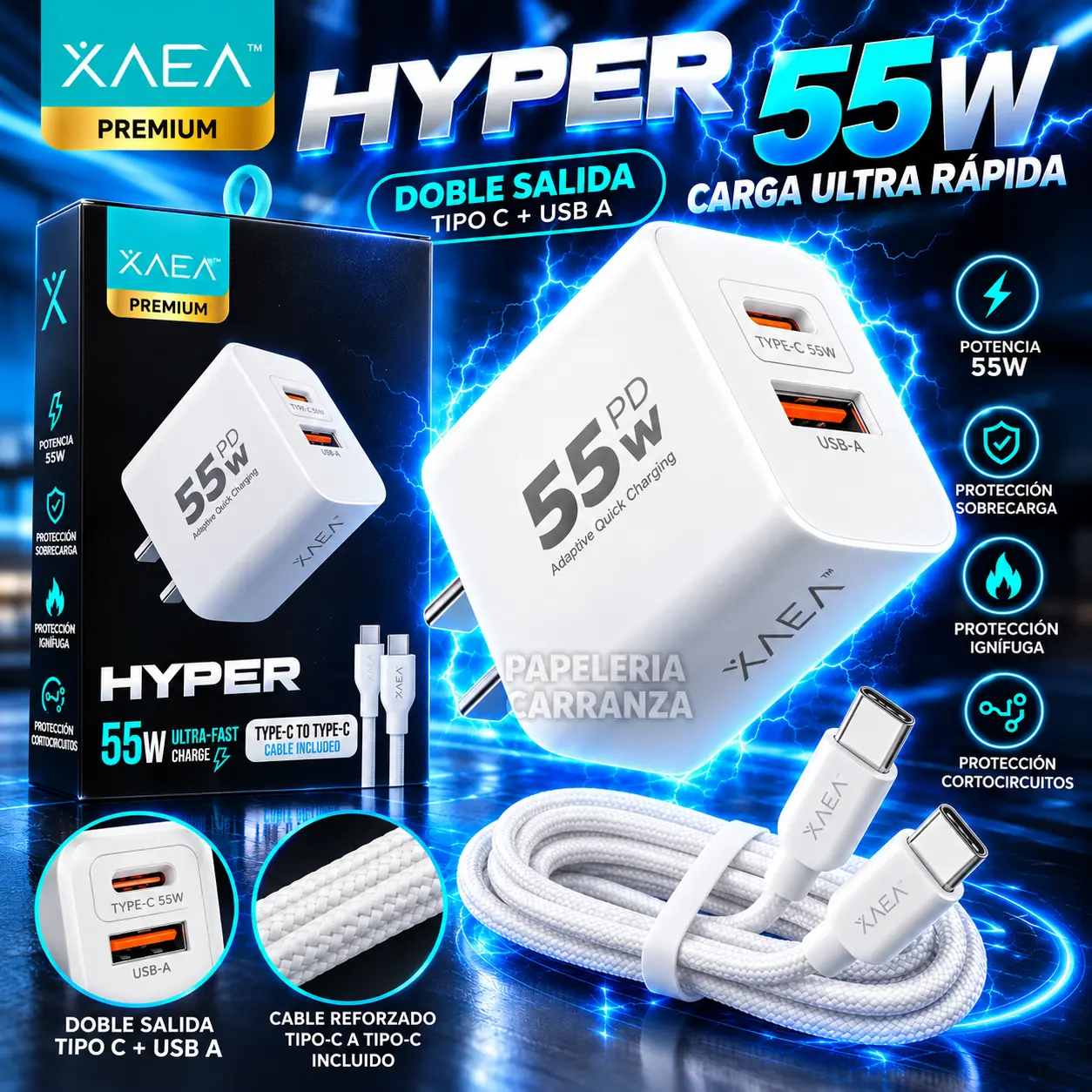 Cargador para Celular * XAEA HYPER PD Tipo " C " 55W * Premium Usb (Carga Ultra Rapida) - Calidad de un Original