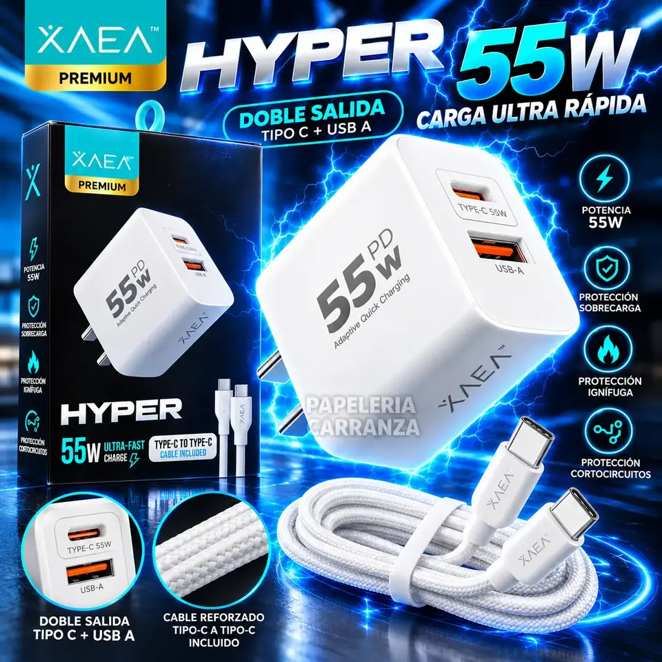 Cargador para Celular * XAEA HYPER PD Tipo " C " 55W * Premium Usb (Carga Ultra Rapida) - Calidad de un Original