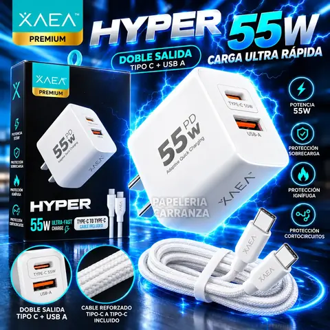 Cargador para Celular * XAEA HYPER PD Tipo " C " 55W * Premium Usb (Carga Ultra Rapida) - Calidad de un Original