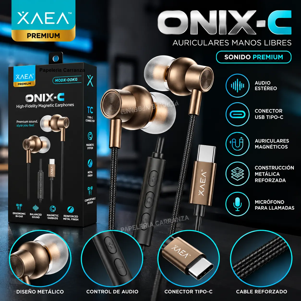 Auriculares Metálicos ** XAEA ONIX TIPO C Bronce ** c/ Micrófono (Trenzado) - EXCELENTE Calidad de sonido -