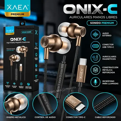 Auriculares Metálicos ** XAEA ONIX TIPO C Bronce ** c/ Micrófono (Trenzado) - EXCELENTE Calidad de sonido -