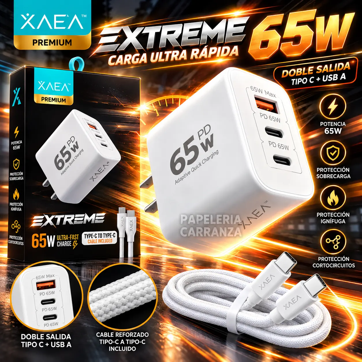 Cargador para Celular * XAEA EXTREME PD Tipo " C " 65W * Premium Usb (Carga Ultra Rapida) - Calidad de un Original (copia)