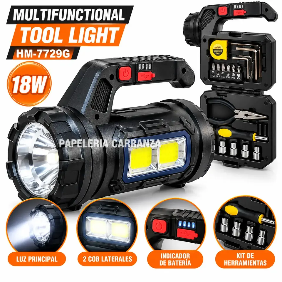 Linterna Multifunción c/ Kit de herramientas - Recargable (con Cable)