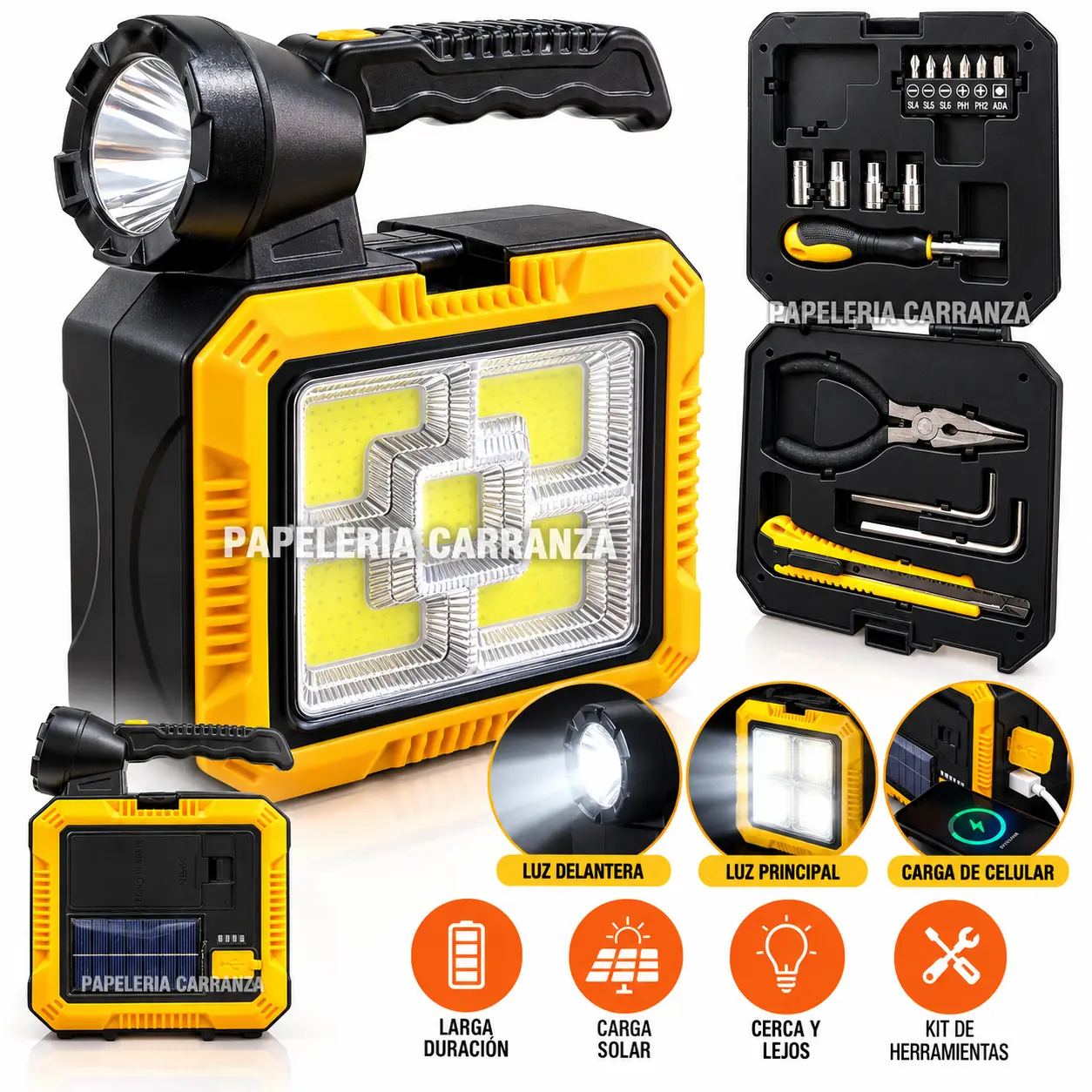 Linterna Multifunción c/ Kit de herramientas - Recargable (con Cable y Solar) + Power Bank