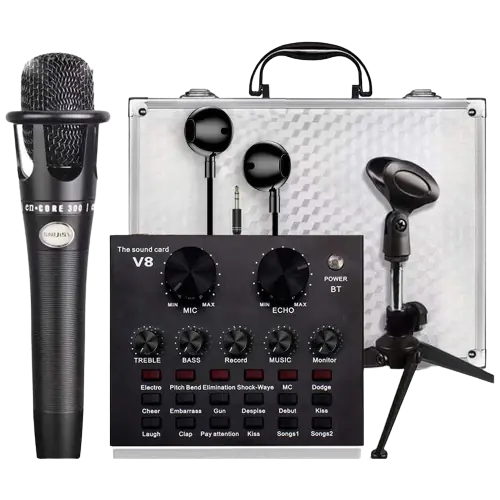 CONSOLA DE SONIDO V8 EN KIT MALETÍN - MIC, AURICULARES CONSOLA Y CABLES