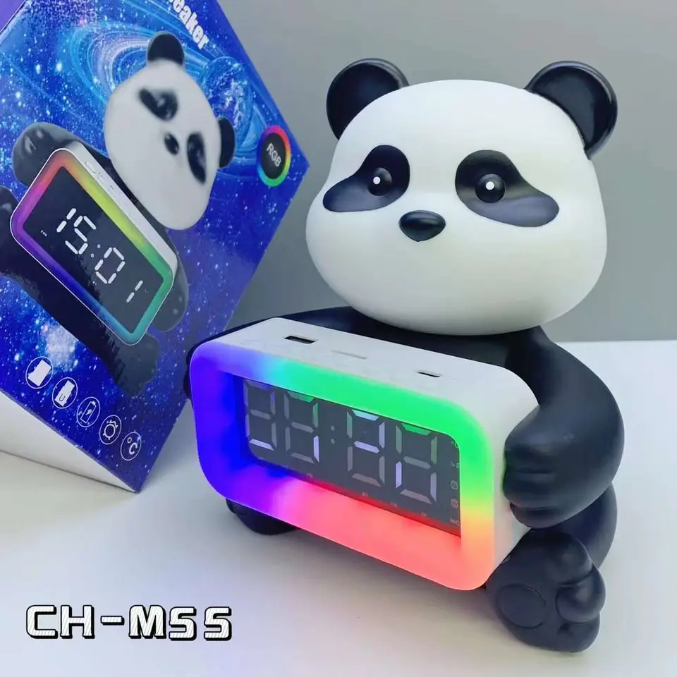 Reloj Despertador con Luz RGB de Diseño de Panda, Altavoz Inalámbrico BT Portátil con Woofer Estéreo, Altavoz de Bajos