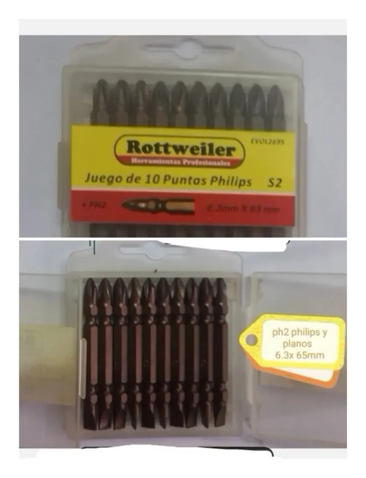 PUNTAS PH2 IMANTADAS X10 PZS ROTTWEILER DOBLE PUNTAS PLANO Y PHILIPS(U300)