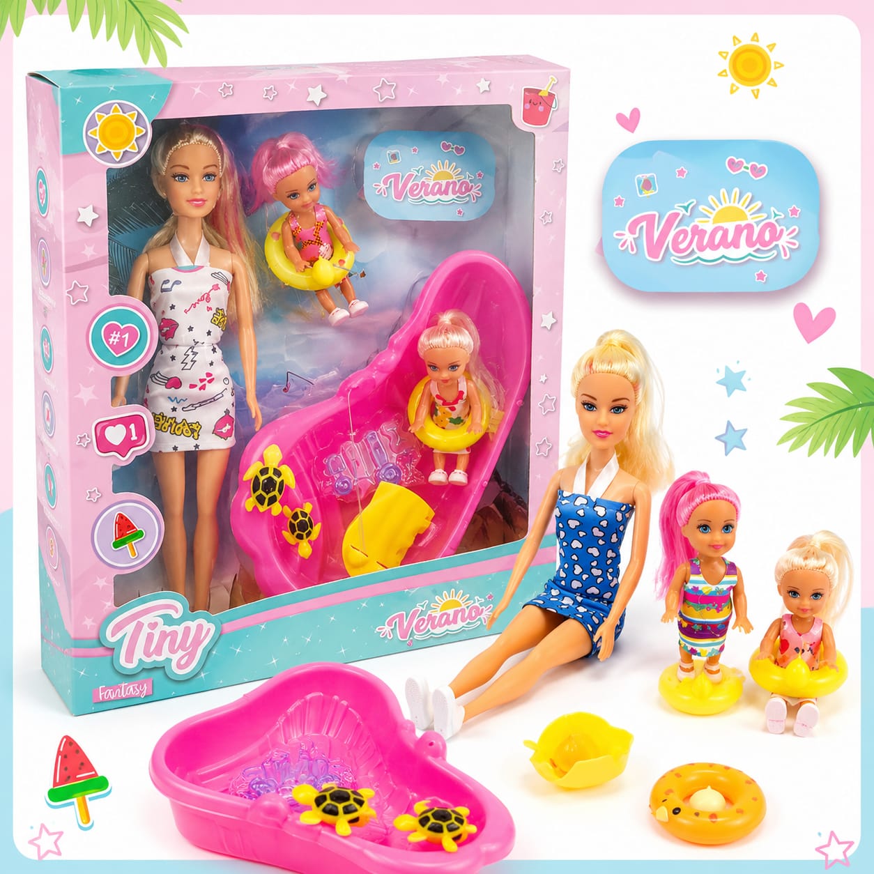 *53408- MUÑECA TINY VERANO C/ACCES 2 HNAS 32X26X5 +INFO+FOTOS