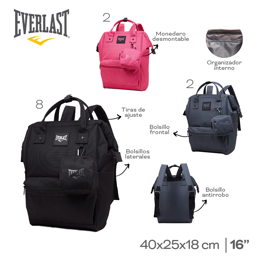 22576 - Mochila  BOCA DE PEZ Everlast , +INFO+FOTOS Info: 16p Bol front, lat, antirrobo, org interno, tir ajust, monedero desmontable Composición: nylon Alto: 40cm Ancho: 25cm Profundidad: 18cm