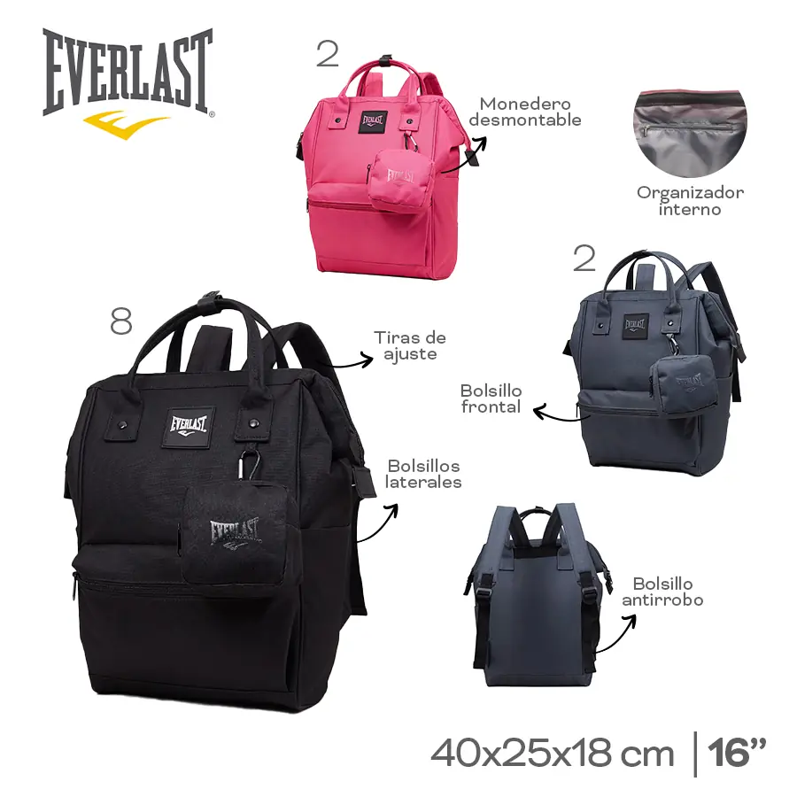 22576 - Mochila  BOCA DE PEZ Everlast , +INFO+FOTOS Info: 16p Bol front, lat, antirrobo, org interno, tir ajust, monedero desmontable Composición: nylon Alto: 40cm Ancho: 25cm Profundidad: 18cm