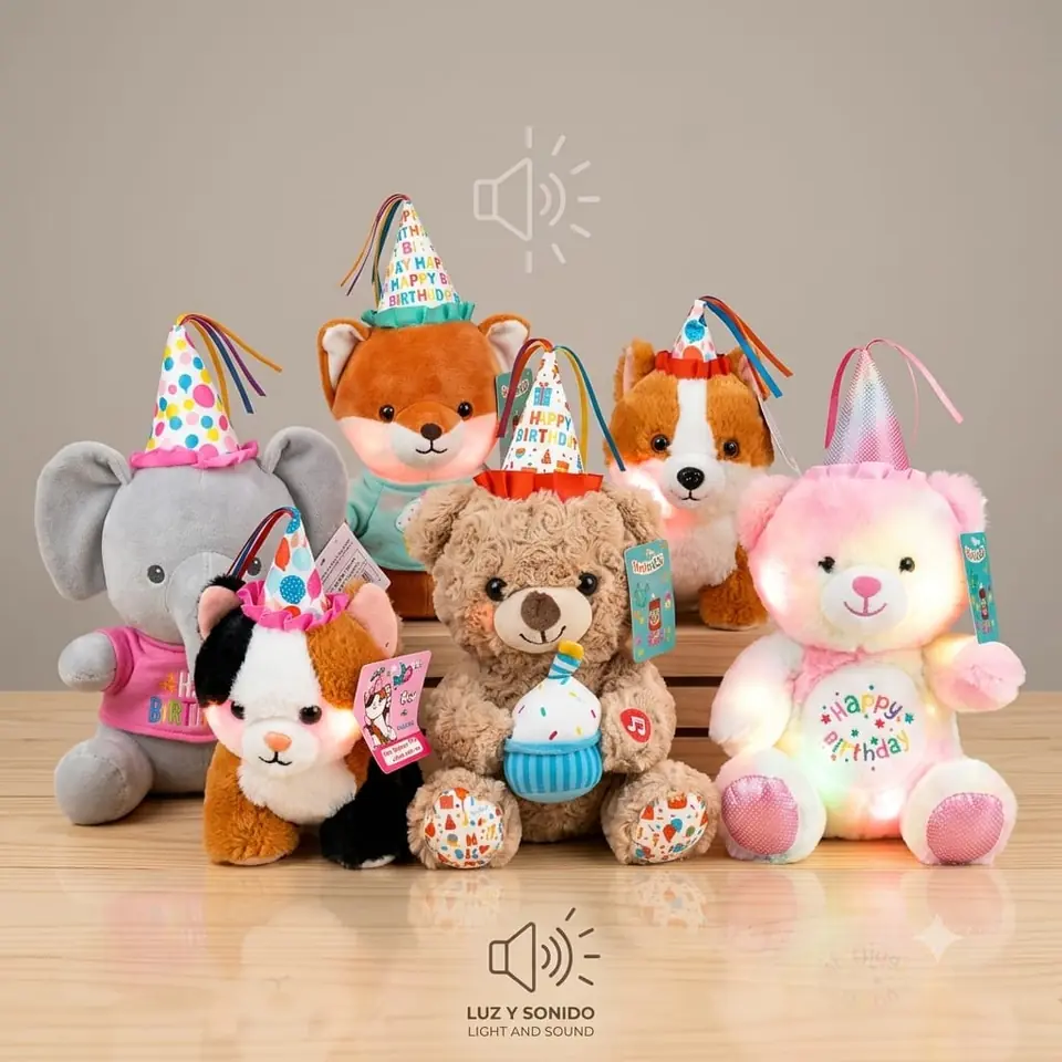 841033- ANIMALES C/BONETE "LUZ SONIDOS" CON PILAS INCLUIDAS  8"=20.5CM  6MOD  +INFO+FOTOS