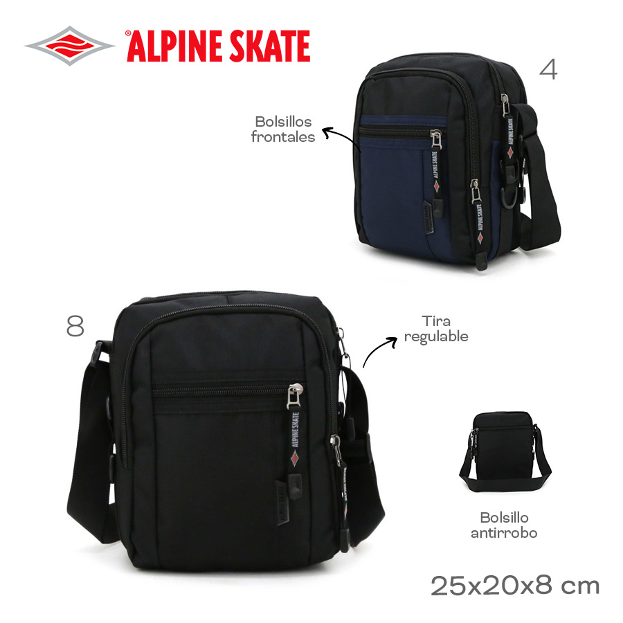 15683-	Morral Alpine Skate T2	25cm	20cm	8cm	Nylon	Tira regulable, bolsillos frontales y antirrobo MARROQUINERIA +INFO+FOTOS