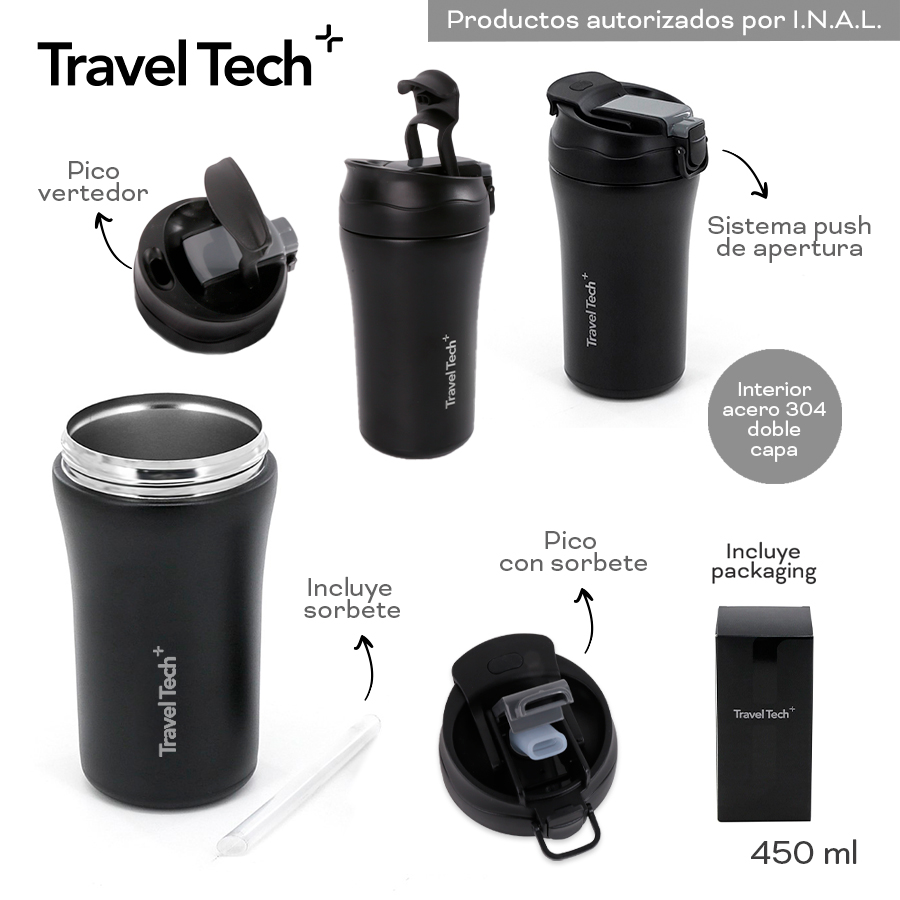 18618 - Vaso Termico Travel Tech 450ml +info+fotos Info: Sistema push de apertura, pico con sorbete, pico vertedor, incluye sorbete y packaging  Acero 304