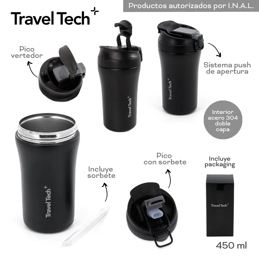 18618 - Vaso Termico Travel Tech 450ml +info+fotos Info: Sistema push de apertura, pico con sorbete, pico vertedor, incluye sorbete y packaging  Acero 304