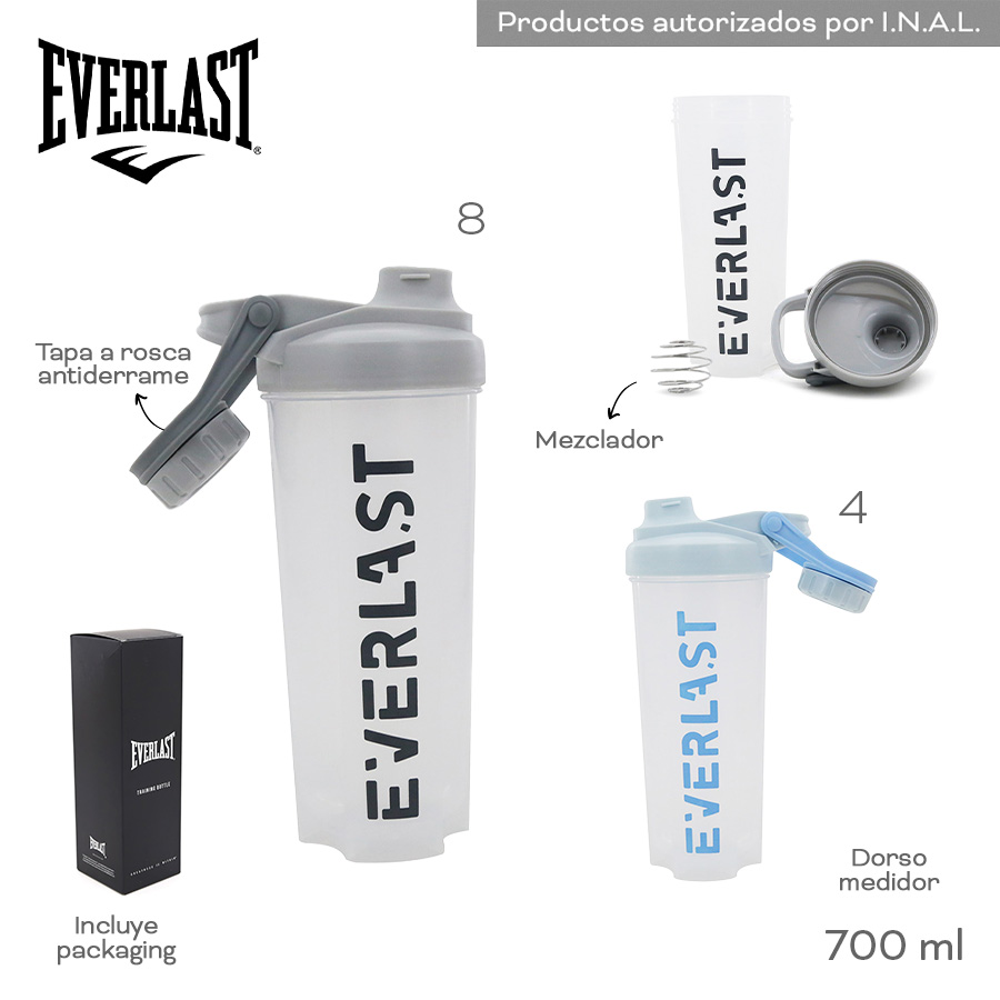 15255 - Botella Shaker Everlast T4 700ml,  Info: Mezclador, tapa a rosca antiderrame, incluye packaging  Composición: PC  Alto: 700ml +info+fotos