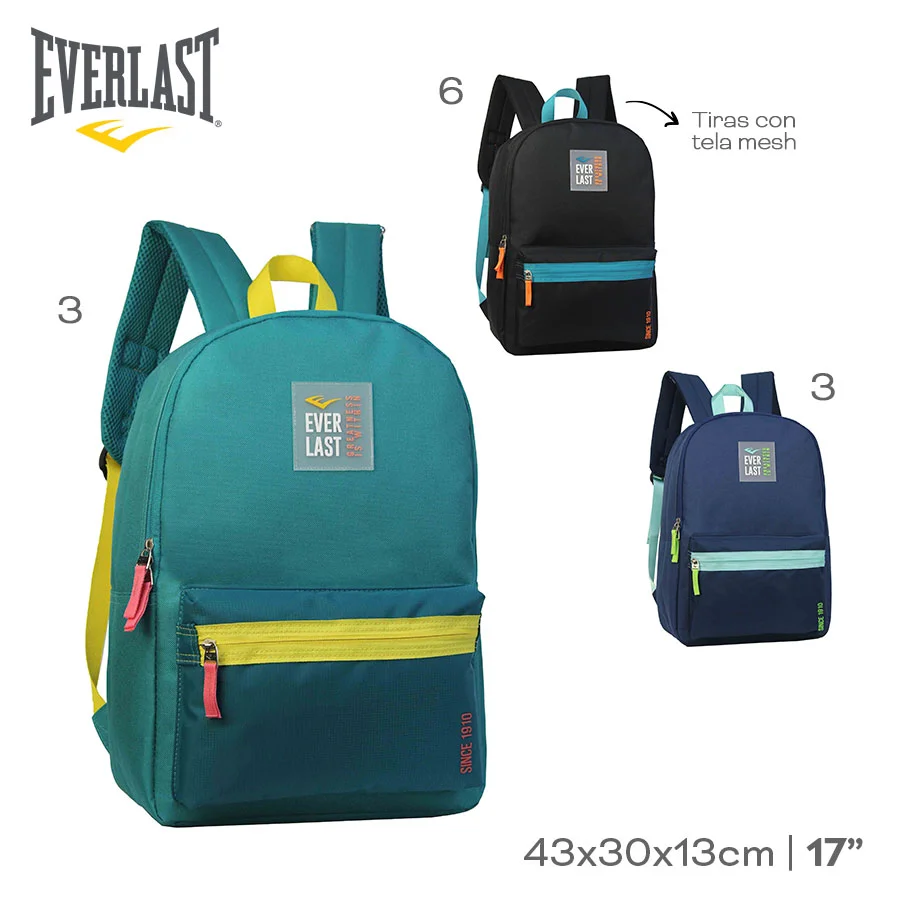 27679 – Mochila Everlast T2  Info: Tiras con tela mesh Composición: cordura Alto: 43 cm Ancho: 30 cm Profundidad: 13 cm