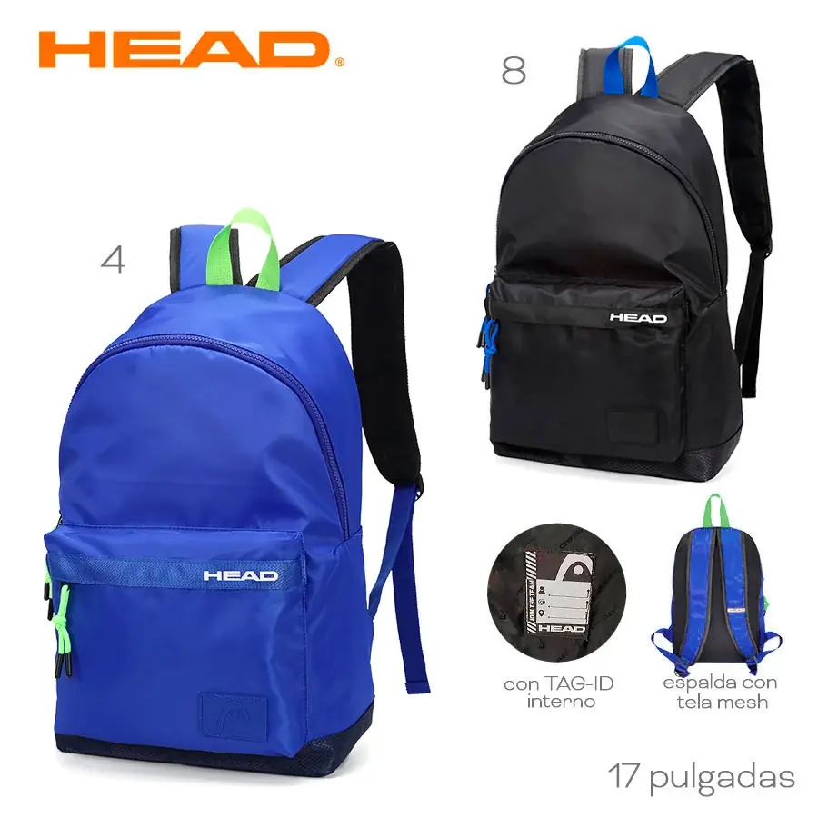 21874 – Mochila Head  Info: 17 pulgadas, incluye TAG-ID, espalda con tela mesh Composición: Nylon Alto: 42 cm Ancho: 29 cm Profundidad: 18 cm