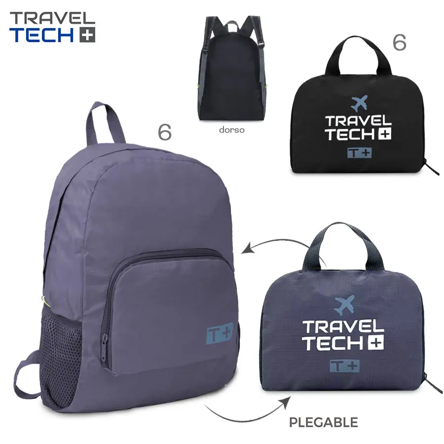 16031- Mochila Plegable Travel Tech T2	Poliéster	Medida plegado 19x23x6 cm, Medida desplegado 45x30x12 cm +info+fotos