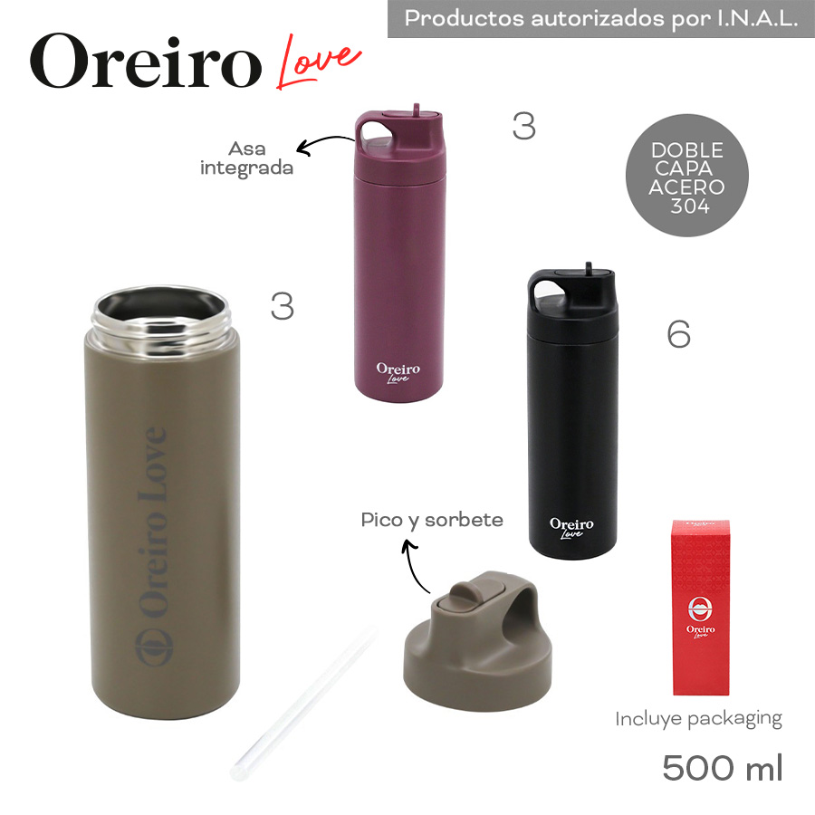 30891- Botella Térmica Oreiro	500ml  ACERO	Asa integrada, pico y sorbete, capa doble acero 304, incluye packaging +INFO+FOTOS